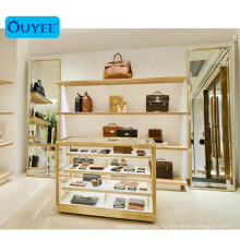 Luxury Handbag Store Interior Design Gold Stainless Steel And Glass Wallet Show Case Display Furniture Bags Display Showcase